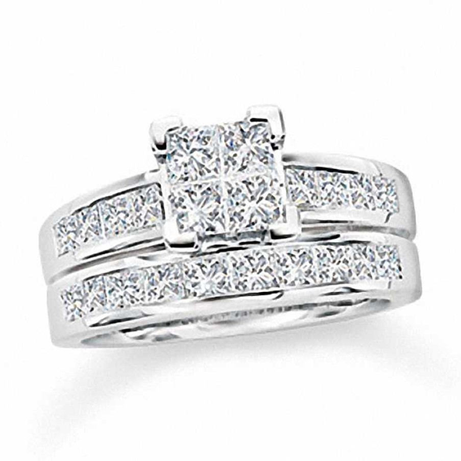 Rings Zales | 2 Ct. T.W. Quad Princess-Cut Diamond Bridal Set In 14K White Gold