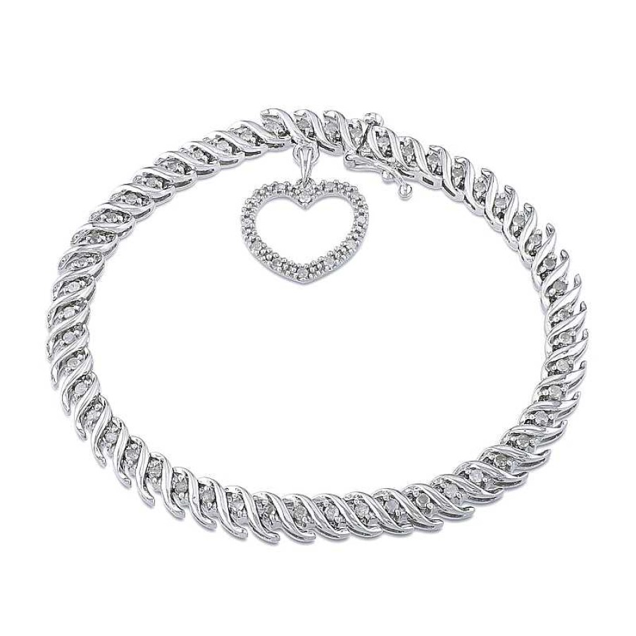 Bracelets Zales | 1 Ct. T.W. Diamond "S" Link With Open Heart Charm Bracelet In Sterling Silver