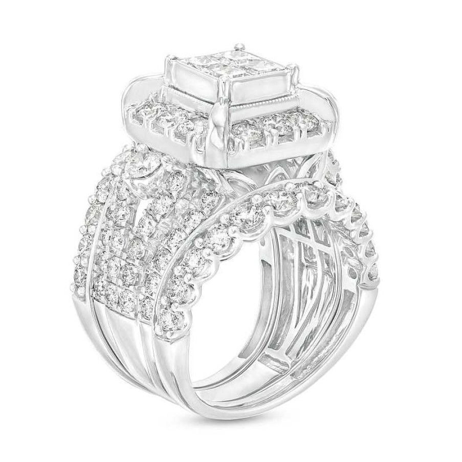 Rings Zales | 5 Ct. T.W. Quad Princess-Cut Diamond Frame Multi-Row Three Piece Bridal Set In 14K White Gold