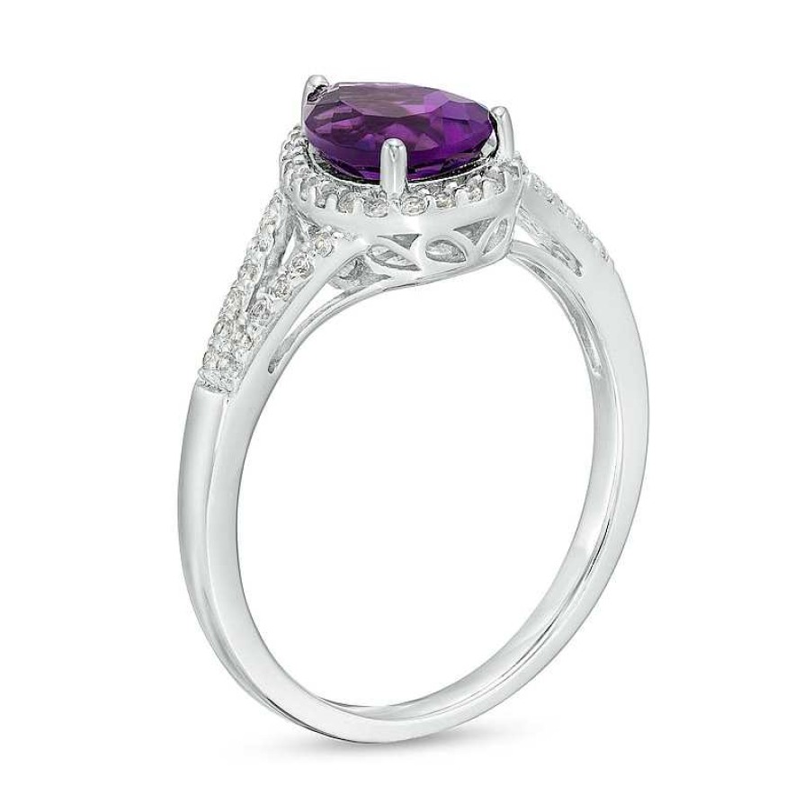 Rings Zales | Pear-Shaped Amethyst And White Lab-Created Sapphire Frame Split Shank Ring In Sterling Silver