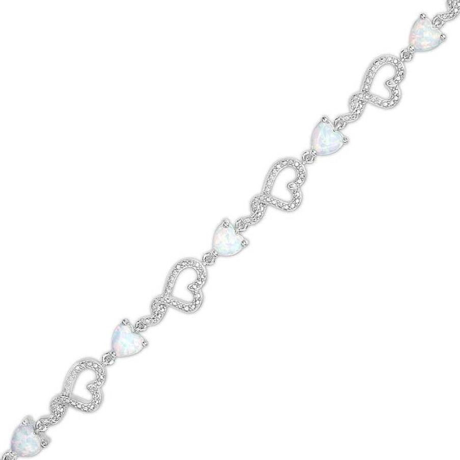 Bracelets Zales | 5.0Mm Heart-Shaped Lab-Created Opal And Diamond Accent Beaded Abstract Ribbon Heart Bracelet In Sterling Silver - 7.25"