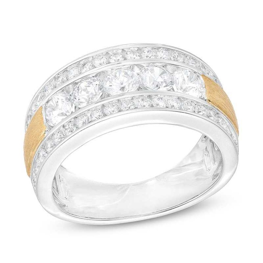 Rings Zales | Men'S 2 Ct. T.W. Certified Lab-Created Diamond Border Five Stone Wedding Band In 14K Two-Tone Gold (F/Vs2)