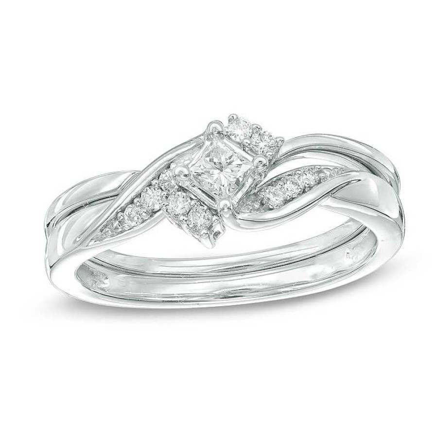 Rings Zales | 1/4 Ct. T.W. Princess-Cut Diamond Bridal Set In 10K White Gold