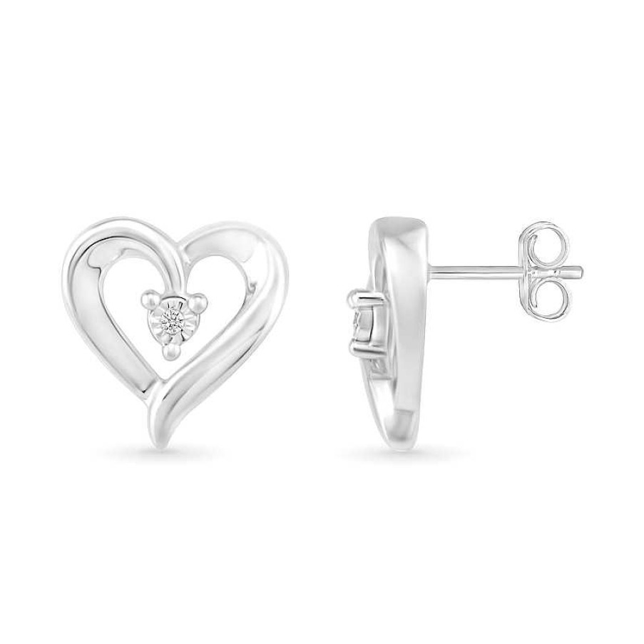 Earrings Zales | Diamond Accent Solitaire Ribbon Heart Stud Earrings In Sterling Silver