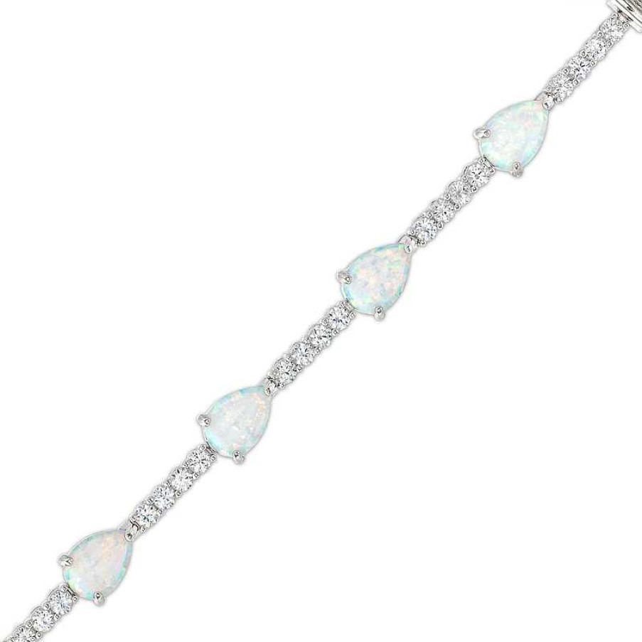 Bracelets Zales | Pear-Shaped Lab-Created Opal And White Lab-Created Sapphire Station Line Bracelet In Sterling Silver - 7.25"