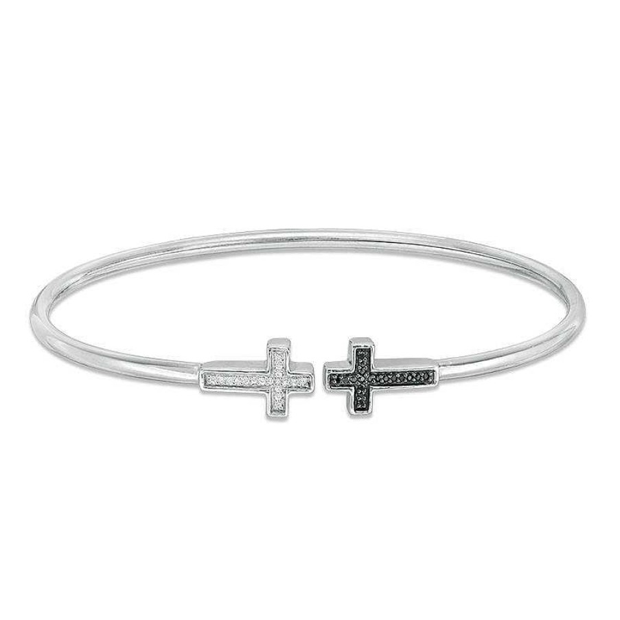 Bracelets Zales | 1/10 Ct. T.W. Enhanced Black And White Diamond Sideways Cross Open Flex Bangle In Sterling Silver