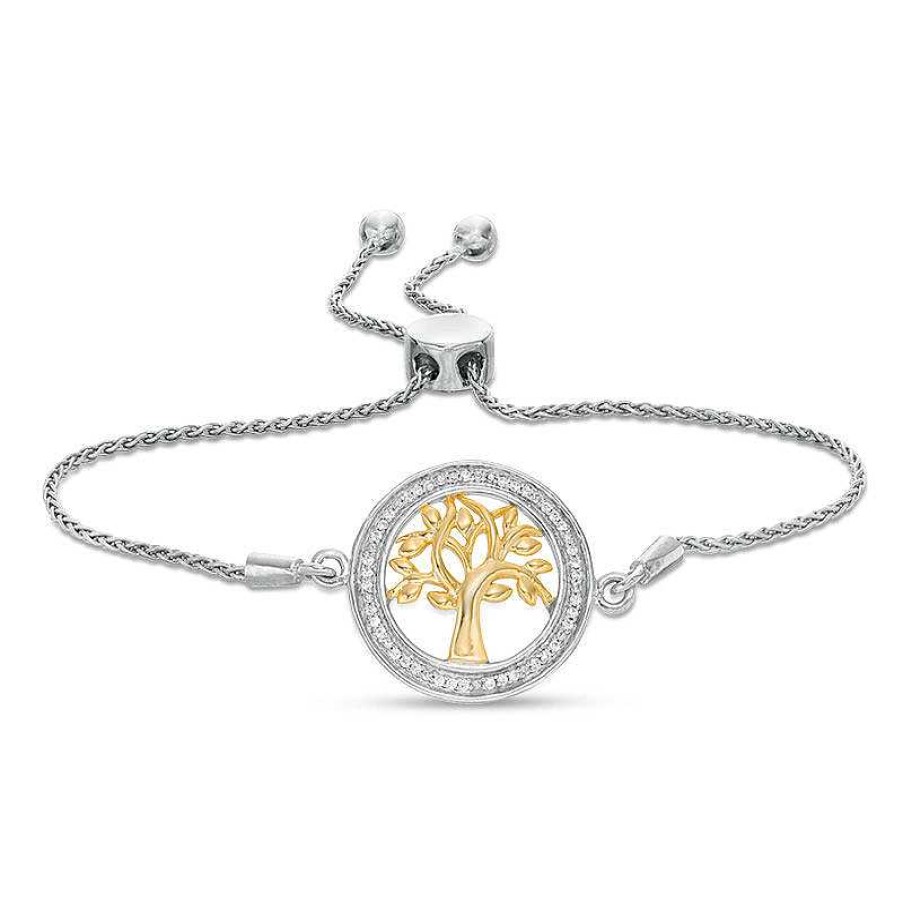 Bracelets Zales | 1/15 Ct. T.W. Diamond Open Circle With Family Tree Bolo Bracelet In Sterling Silver And 10K Gold (1 Line) - 9.5"