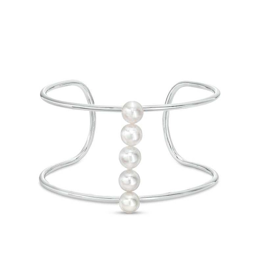 Bracelets Zales | 8.0Mm Cultured Freshwater Pearl Five Stone Linear Cuff In Sterling Silver