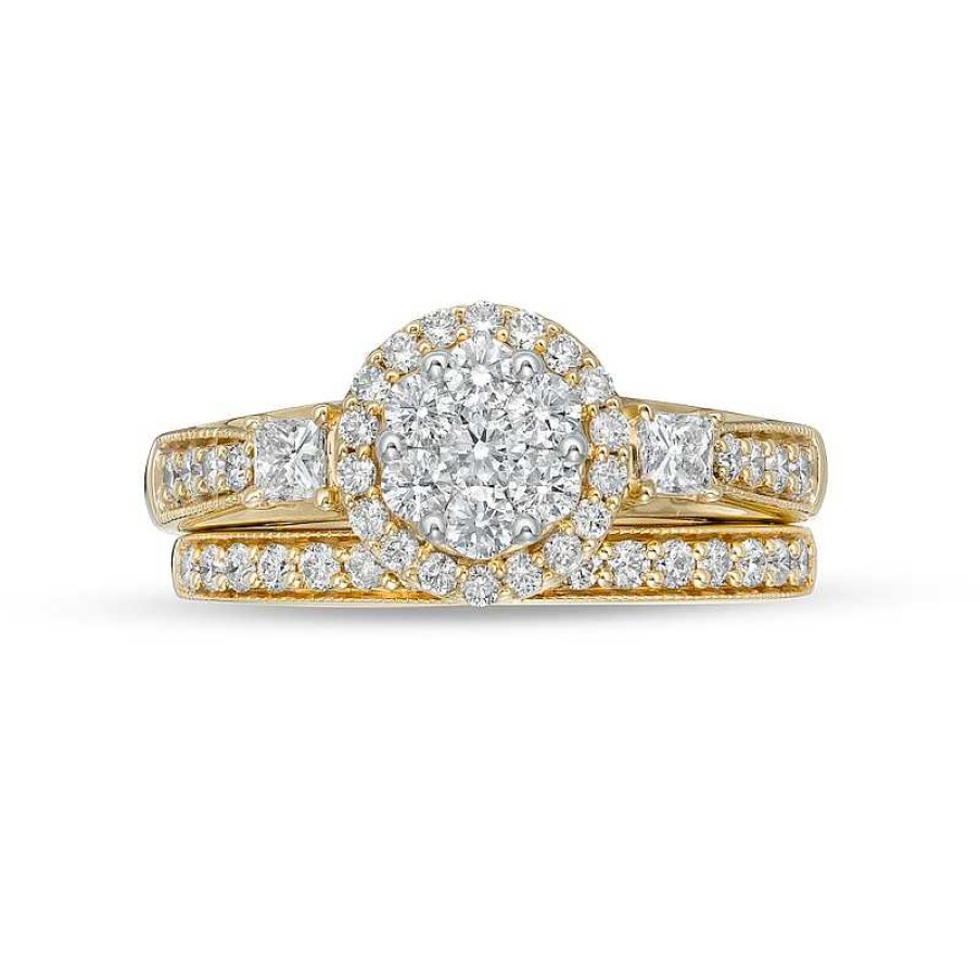 Rings Zales | 1 Ct. T.W. Multi-Diamond Frame Vintage-Style Bridal Set In 10K Gold