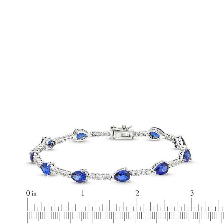 Bracelets Zales | Pear-Shaped Blue Lab-Created Sapphire And White Lab-Created Sapphire Station Line Bracelet In Sterling Silver - 7.25"