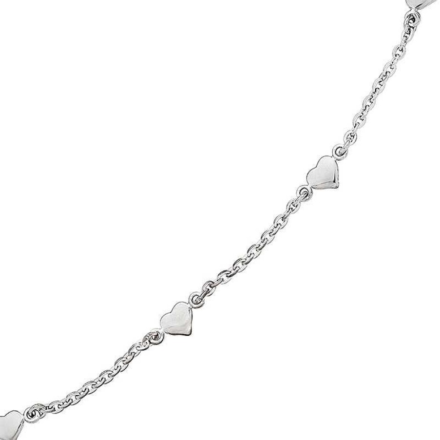 Bracelets Zales | Polished Puff Heart Station Anklet In Sterling Silver - 10"