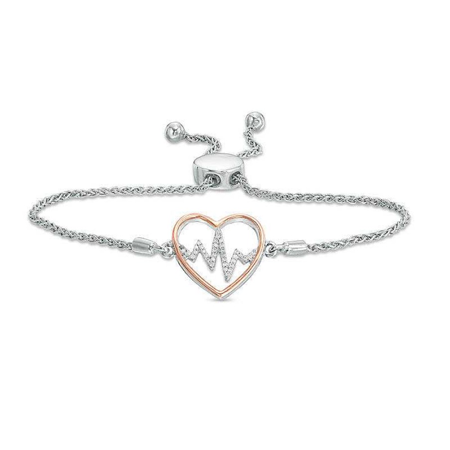 Bracelets Zales | 1/10 Ct. T.W. Diamond Heartbeat Bolo Bracelet In Sterling Silver And 10K Rose Gold - 9.5"