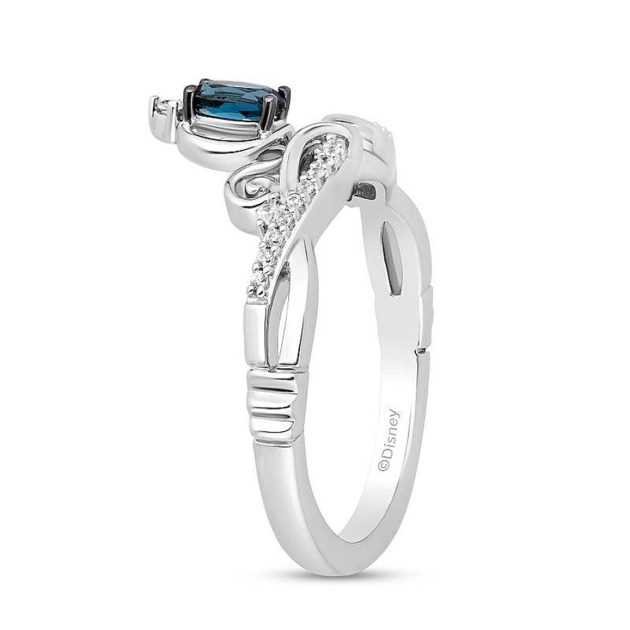 Rings Zales | Enchanted Disney Cinderella Oval London Blue Topaz And 1/10 Ct. T.W. Diamond Twist Shank Tiara Ring In Sterling Silver