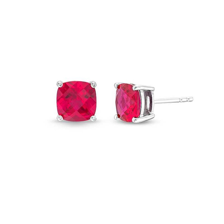 Earrings Zales | 7.0Mm Faceted Cushion-Cut Lab-Created Ruby Stud Earrings In Sterling Silver