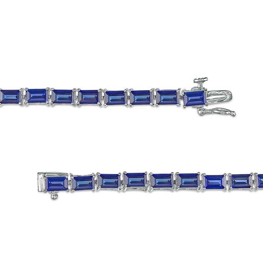 Bracelets Zales | Baguette Blue Lab-Created Sapphire Line Bracelet In Sterling Silver - 7.25"