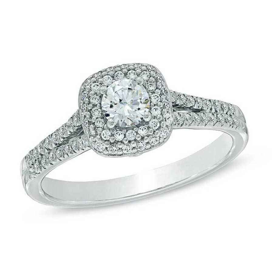 Rings Zales | Previously Owned - 5/8 Ct. T.W. Diamond Double Cushion Frame Engagement Ring In 14K White Gold