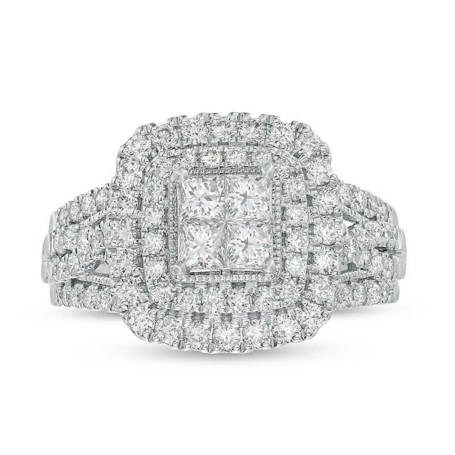 Rings Zales | 1-1/4 Ct. T.W. Certified Quad Princess-Cut Lab-Created Diamond Double Frame Engagement Ring In 10K White Gold (F/Si2)