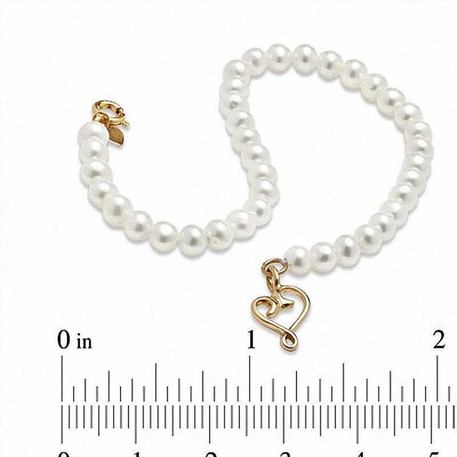 Bracelets Zales | 4.0 - 4.5Mm Cultured Freshwater Pearl Strand Bracelet With 10K Gold Heart Charm And Clasp - 6.0"