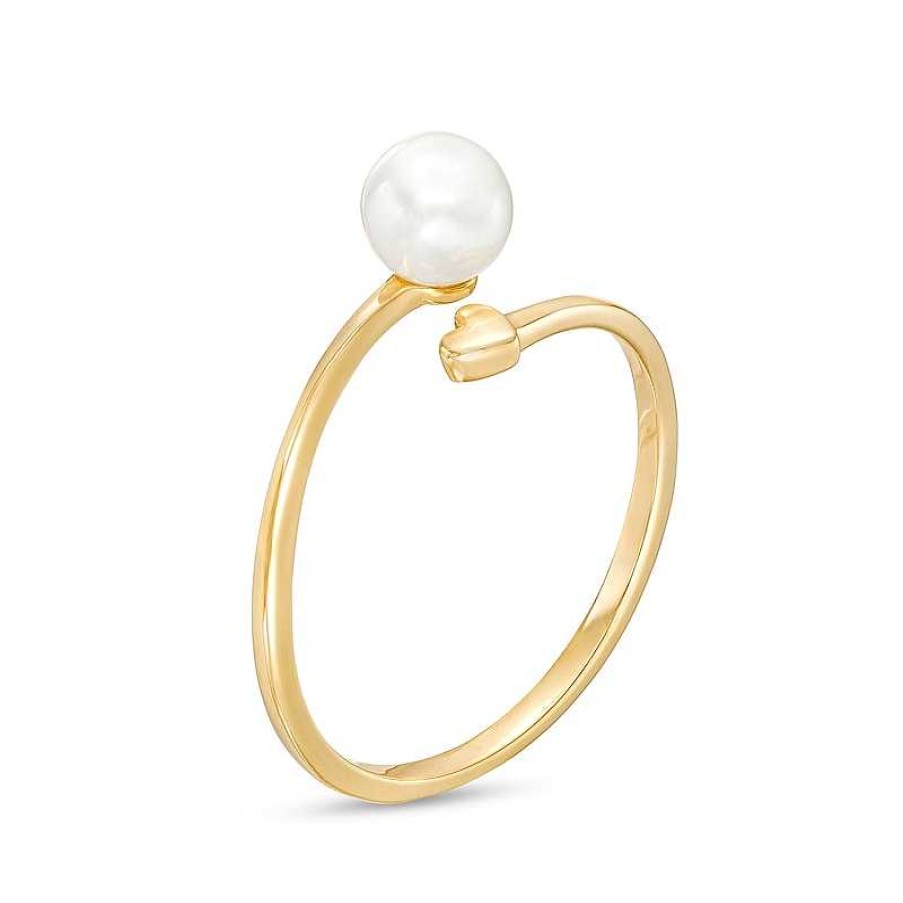 Rings Zales | 5.5Mm Cultured Freshwater Pearl And Polished Heart Open Wrap Ring In 10K Gold