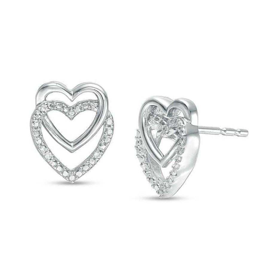 Earrings Zales | Diamond Accent Linear Double Heart Stud Earrings In Sterling Silver