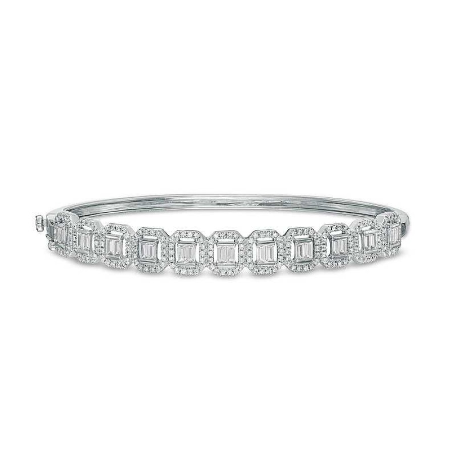 Bracelets Zales | 1-3/4 Ct. T.W. Baguette Diamond Ornate Frame Bangle In 10K White Gold