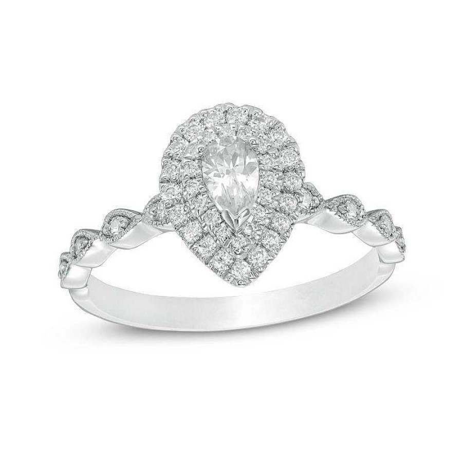 Rings Zales | 1/2 Ct. T.W. Pear-Shaped Diamond Double Frame Vintage-Style Engagement Ring In 14K White Gold