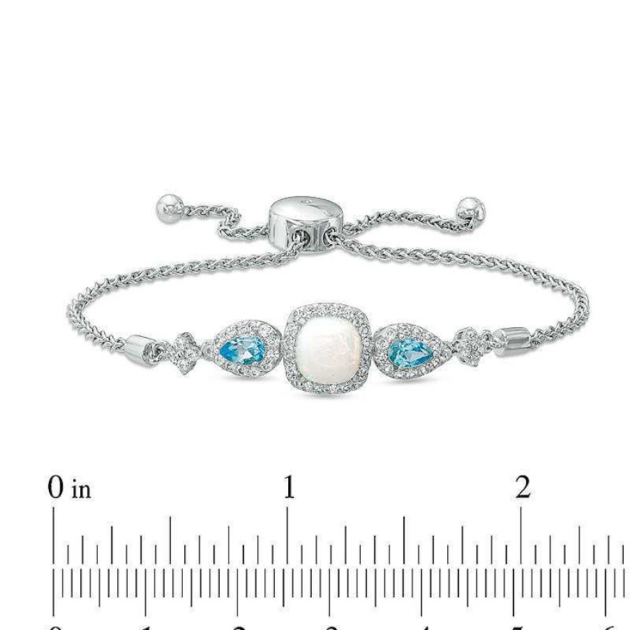 Bracelets Zales | 7.0M Cushion-Cut Lab-Created Opal And White Sapphire Frame With Swiss Blue Topaz Bolo Bracelet In Sterling Silver - 9.0"