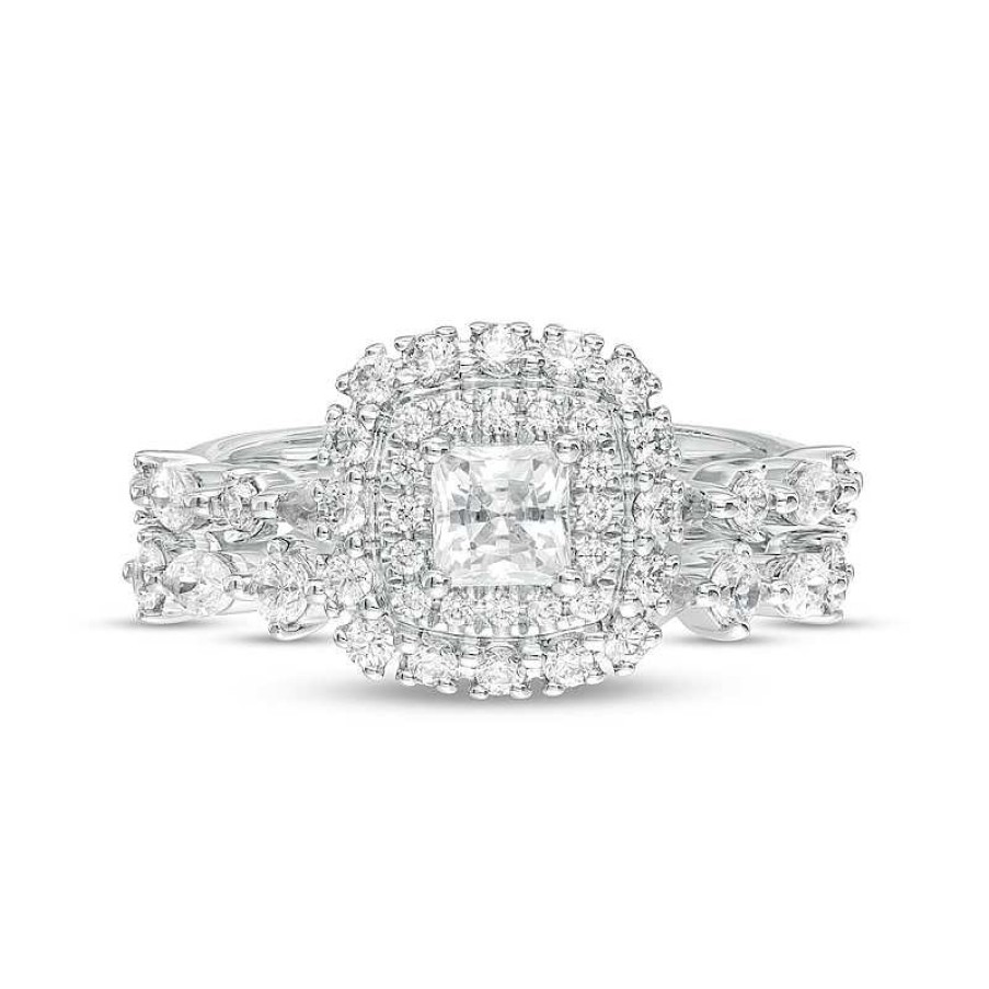 Rings Zales | 1-3/8 Ct. T.W. Certified Princess-Cut Diamond Double Frame Bridal Set In 14K White Gold (I/I1)