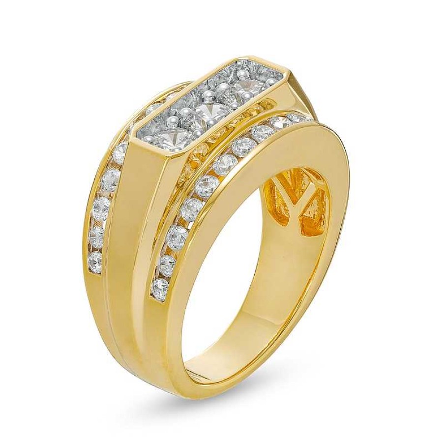 Rings Zales | Men'S 2 Ct. T.W. Certified Lab-Created Diamond Border Three Stone Ring In 14K Gold (F/Si2)