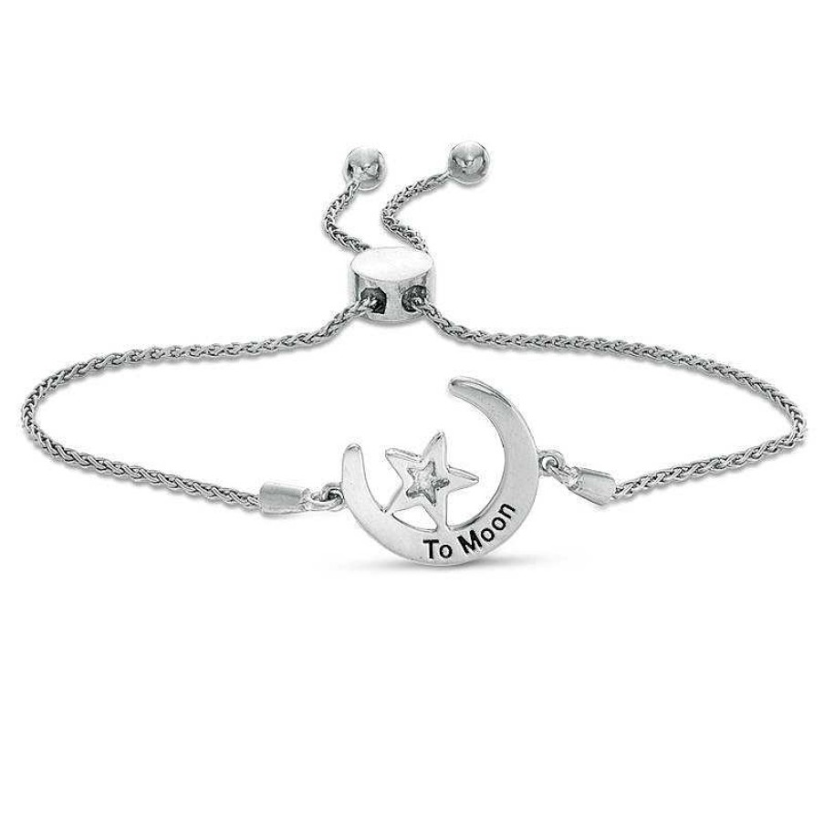 Bracelets Zales | Diamond Accent Crescent Moon And Star Bolo Bracelet In Sterling Silver (1 Line) - 9.5"