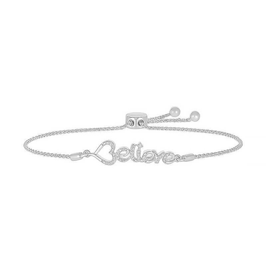 Bracelets Zales | Diamond Accent Heart "Believe" Bolo Bracelet In Sterling Silver – 9.5"