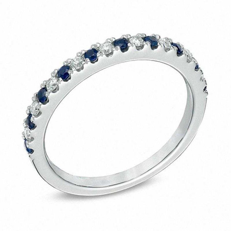 Rings Zales | Vera Wang Love Collection 1/8 Ct. T.W. Diamond And Blue Sapphire Band In 14K White Gold