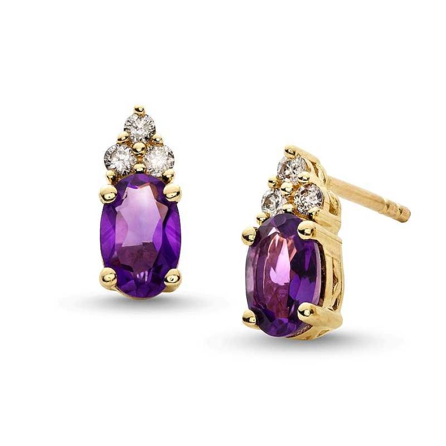 Earrings Zales | Oval Amethyst And 1/10 Ct. T.W. Diamond Tri-Top Stud Earrings In 10K Gold