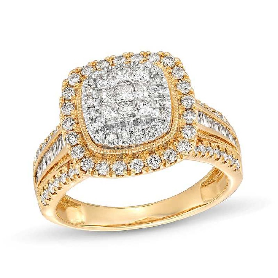 Rings Zales | 1 Ct. T.W. Princess-Cut Multi-Diamond Cushion Frame Vintage-Style Engagement Ring In 10K Gold