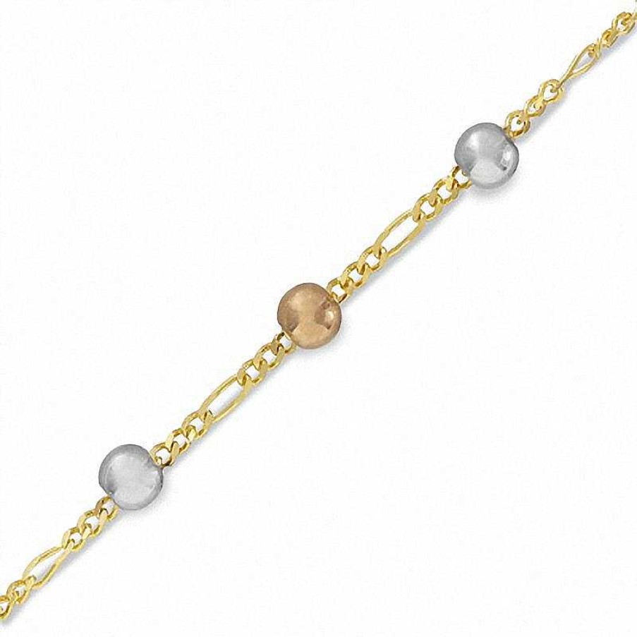 Bracelets Zales | 10K Gold Tri-Tone Adjustable Bead Station Anklet - 10"