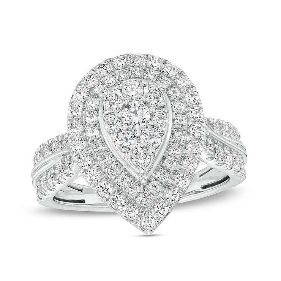 Rings Zales | 1 Ct. T.W. Pear-Shaped Multi-Diamond Double Frame Double Row Engagement Ring In 10K White Gold