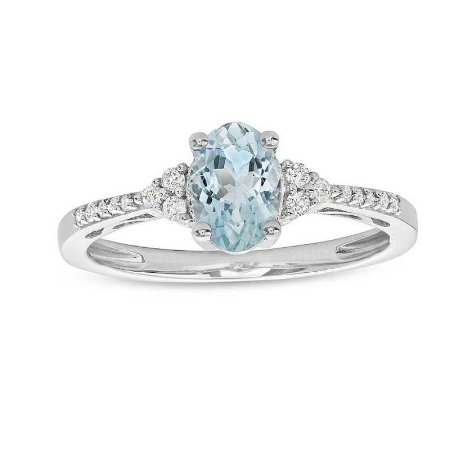 Rings Zales | Oval Aquamarine And 1/10 Ct. T.W. Diamond Ring In 10K White Gold