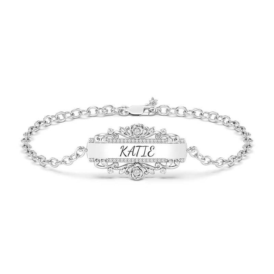 Bracelets Zales | Enchanted Disney Belle 1/5 Ct. T.W. Diamond Engravable Bar Bracelet In Sterling Silver (1 Line) - 7.75"