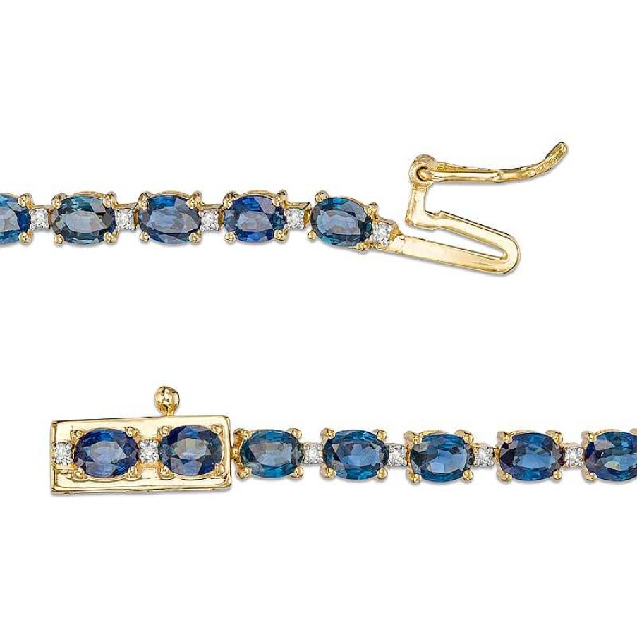 Bracelets Zales | Oval Blue Sapphire And 1/6 Ct. T.W. Diamond Alternating Line Bracelet In 10K Gold