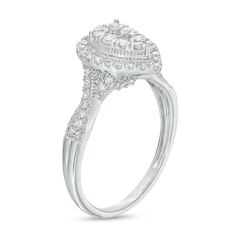 Rings Zales | 1/2 Ct. T.W. Pear-Shaped Multi-Diamond Frame Vintage-Style Twist Shank Engagement Ring In 10K White Gold