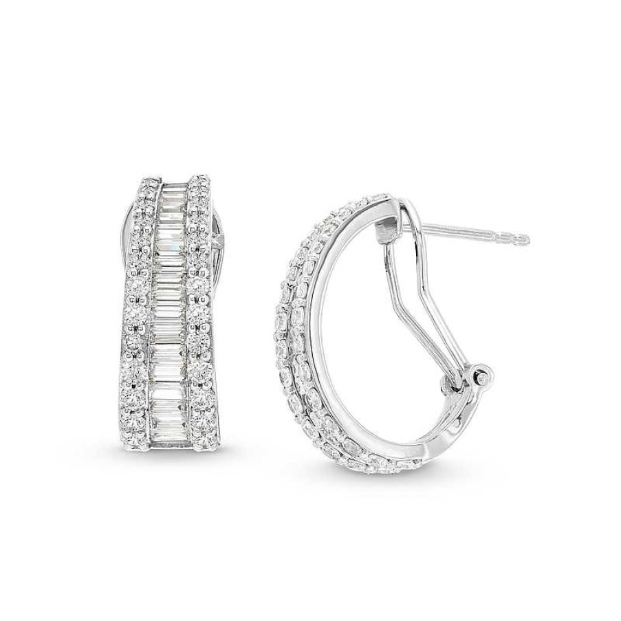 Earrings Zales | 2 Ct. T.W. Certified Baguette Lab-Created Diamond Graduating Hoop Earrings In 14K White Gold (F/Si2)