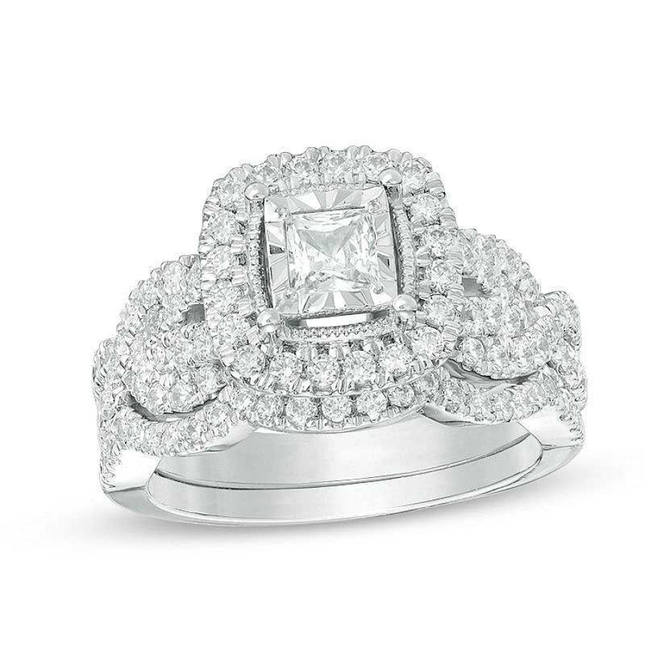 Rings Zales | 1-1/2 Ct. T.W. Princess-Cut Diamond Frame Vintage-Style Twist Bridal Set In 14K White Gold