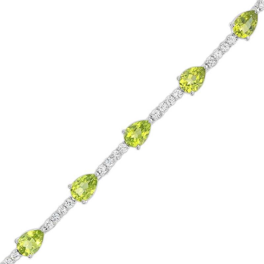 Bracelets Zales | Pear-Shaped Peridot And White Lab-Created Sapphire Station Line Bracelet In Sterling Silver - 7.25"