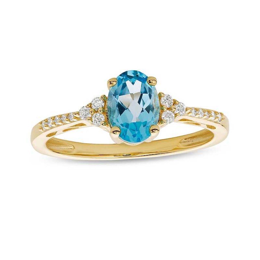 Rings Zales | Oval Swiss Blue Topaz And 1/10 Ct. T.W. Diamond Ring In 10K Gold