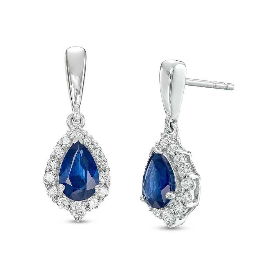 Earrings Zales | Pear-Shaped Blue Sapphire And 1/4 Ct. T.W. Diamond Frame Drop Earrings In 10K White Gold