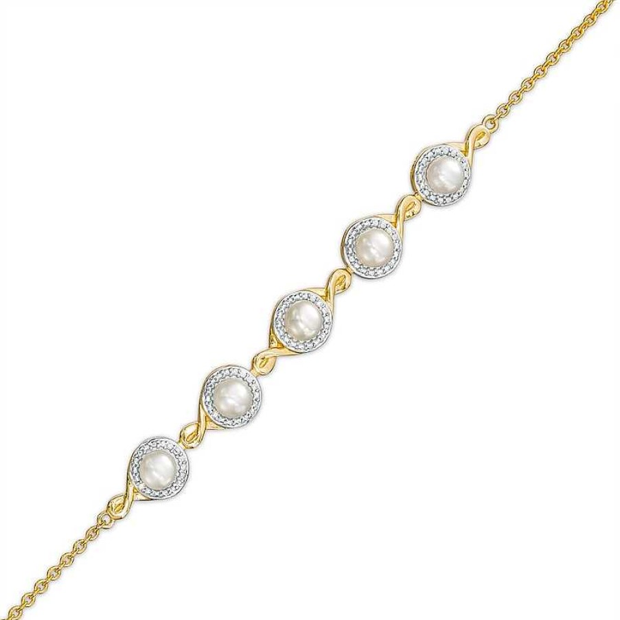 Bracelets Zales | 4.0Mm Cultured Akoya Pearl And Diamond Accent Five Stone Bracelet In 10K Gold – 8.0"