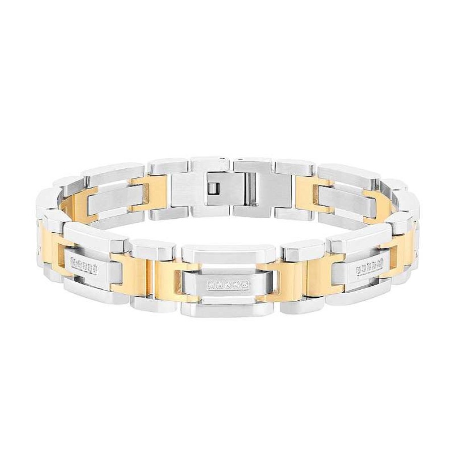 Bracelets Zales | Men'S 1/6 Ct. T.W. Diamond Link Bracelet In Stainless Steel And Yellow Ion Plate - 8.5"