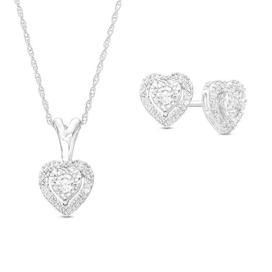 Earrings Zales | 1/4 Ct. T.W. Diamond Frame Heart Pendant And Stud Earrings Set In Sterling Silver (J/I3)