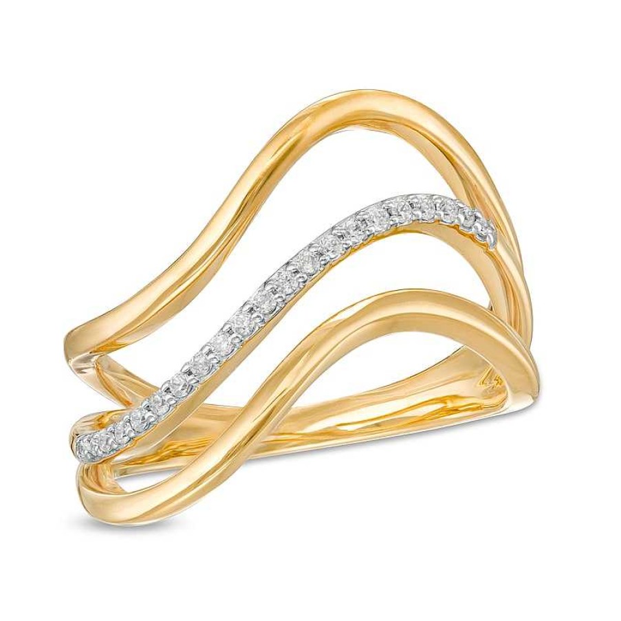 Rings Zales | Remixed Reimagined 1/10 Ct. T.W. Diamond Triple Row Split Shank Wave Ring In 10K Gold