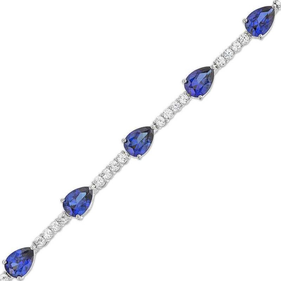 Bracelets Zales | Pear-Shaped Blue Lab-Created Sapphire And White Lab-Created Sapphire Station Line Bracelet In Sterling Silver - 7.25"